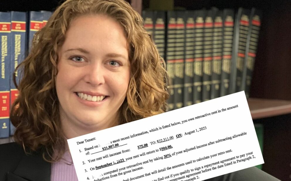 Attorney Courtney, with long wavy light brown hair, smiles in the background; in the foreground is our tenant's notice holding him responsible for a $22,708 housing bill.