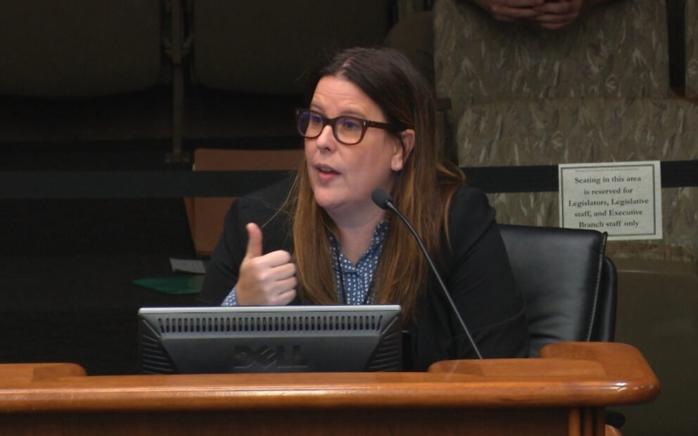 Woman sits behind a mic in a legislative committee hearing.