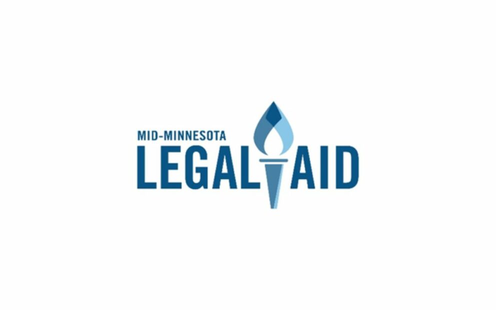 Mid-Minnesota Legal Aid logo, blue font, image of torch in both dark and light blue is between word Legal and Aid