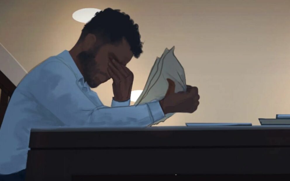 Illustration of a man sitting at a table, holding documents in one hand and holding the other hand to his eyes.