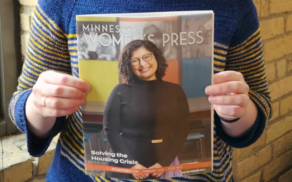 Cover of February issue of Minnesota Women's Press features woman with brown short hair.