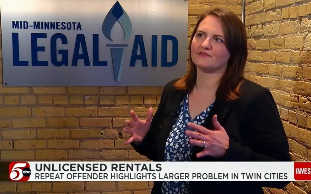 Screenshot of a TV report in which woman is interviewed. Legal Aid signage is on wall in background.