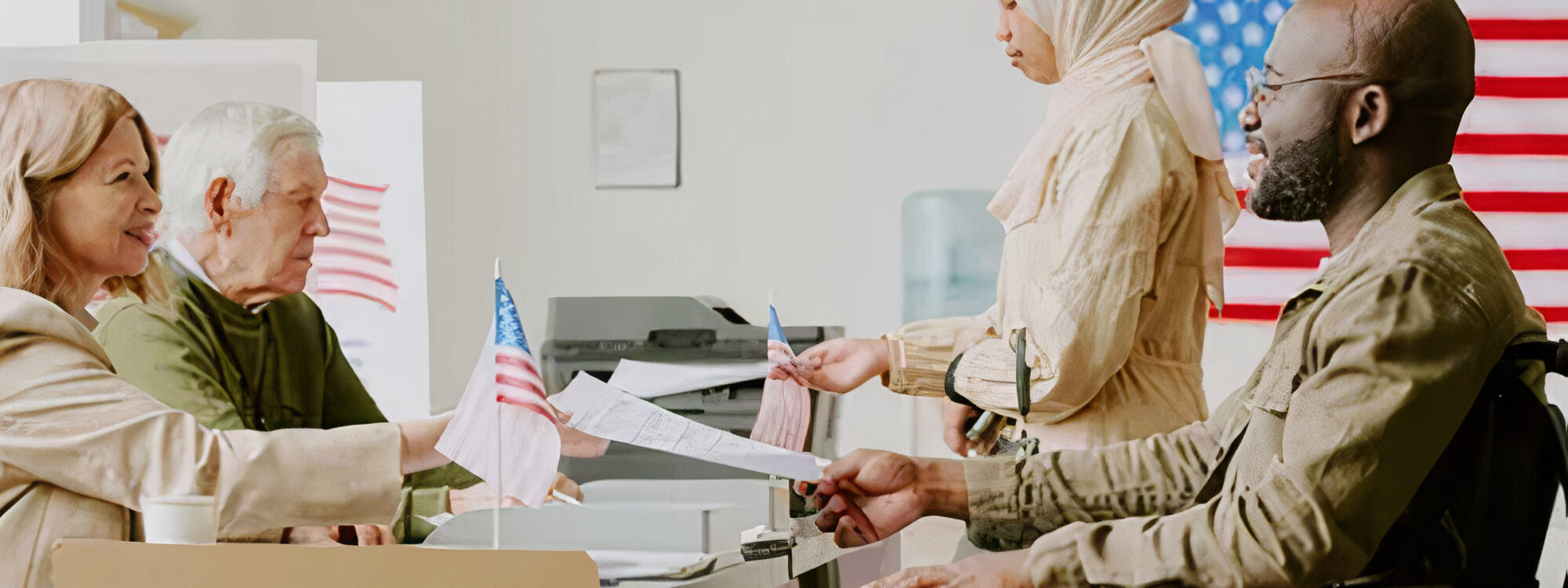 Individual in a wheelchair and another person wearing a hijab at a polling place, interacting with election workers. A 'Vote Here' sign is visible in the foreground.