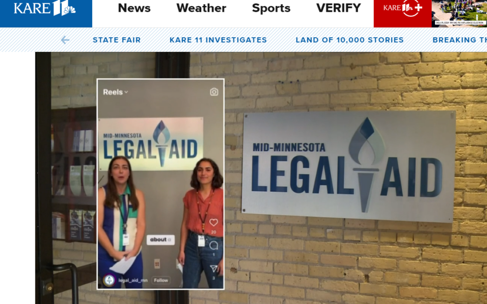 Screen shot of television news story shows video of Legal Aid lobby with inset photo of two attorneys from a social media promotional video. The attorneys are two women wearing lanyards and summertime blouses.