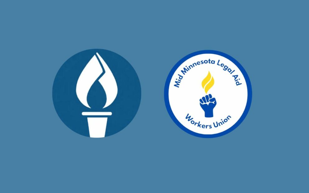 Two round logos, side-by-side White torch inside dark blue circle and white circle outlined in dark blue, inside is a blue fist with yellow flame above, Mid-Minnesota Legal Aid Workers Union line the circle above and below.