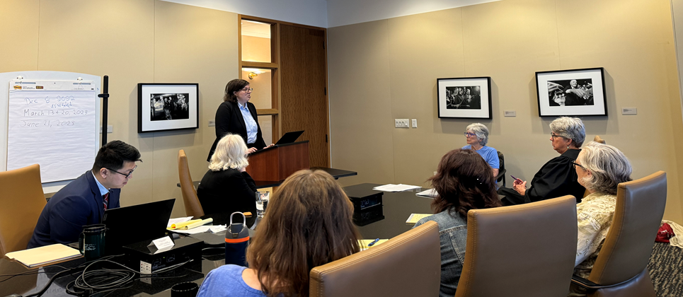 Woman in professional attire speaks at podium in a hearing room with approximately four individuals sitting at a conference table, listening