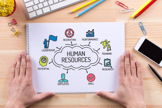 Human Resources written in center of circle with lines pointing to icons representing leadership, employee, performance, potential and respective words