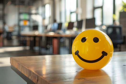 Smiley face ball on wooden table in foreground, blurry background appears to be an office setting