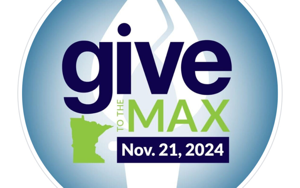 White torch on light blue circle background. Overlay reads Give to the Max, Nov. 21, 2024. Shape of Minnesota state in lime green to left