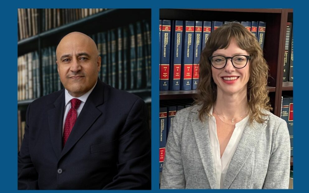 Side-by-side professional headshots of man in dark suit jacket, burgundy tie, bald; and woman with brown, shoulder-length hair, light heather grey blazer over white shirt, wearing glasses