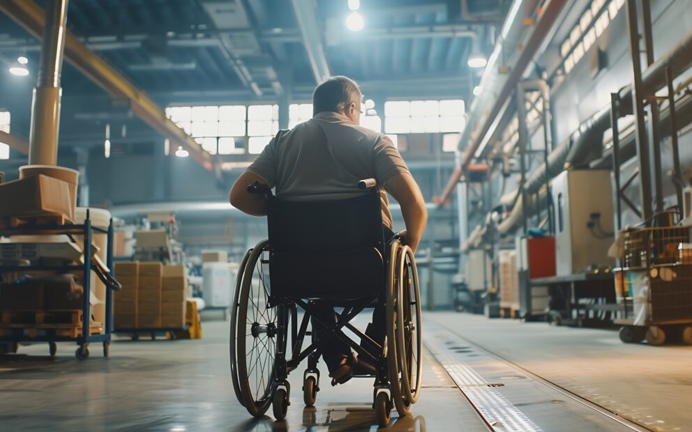 Back view of individual in a wheelchair in a warehouse setting.