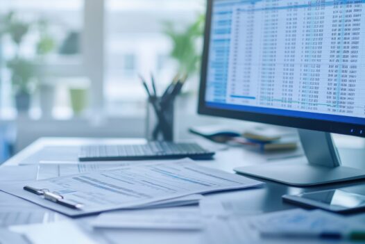 Desktop monitor showing spreadsheet with figures