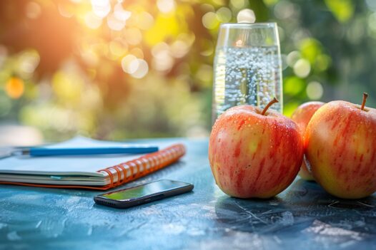 Tabletop with notebook, pen, seltzer water and apples