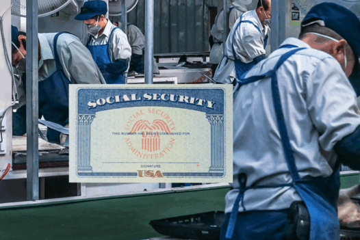 social security card in front of factory workers
