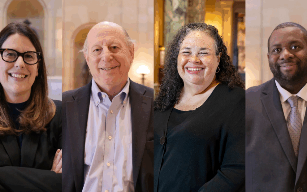 collage of four people standing in a legislative building