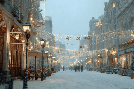 snowy street with holiday lights