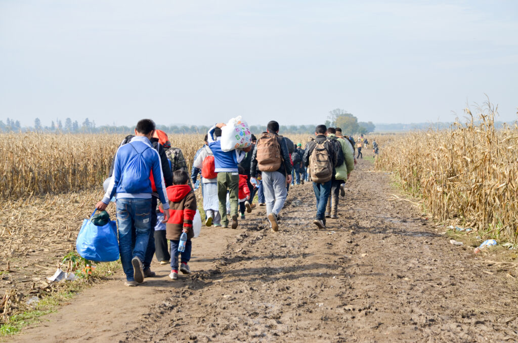 Group of people walking along a dirt path beside a cornfield, carrying bags and personal belongings.