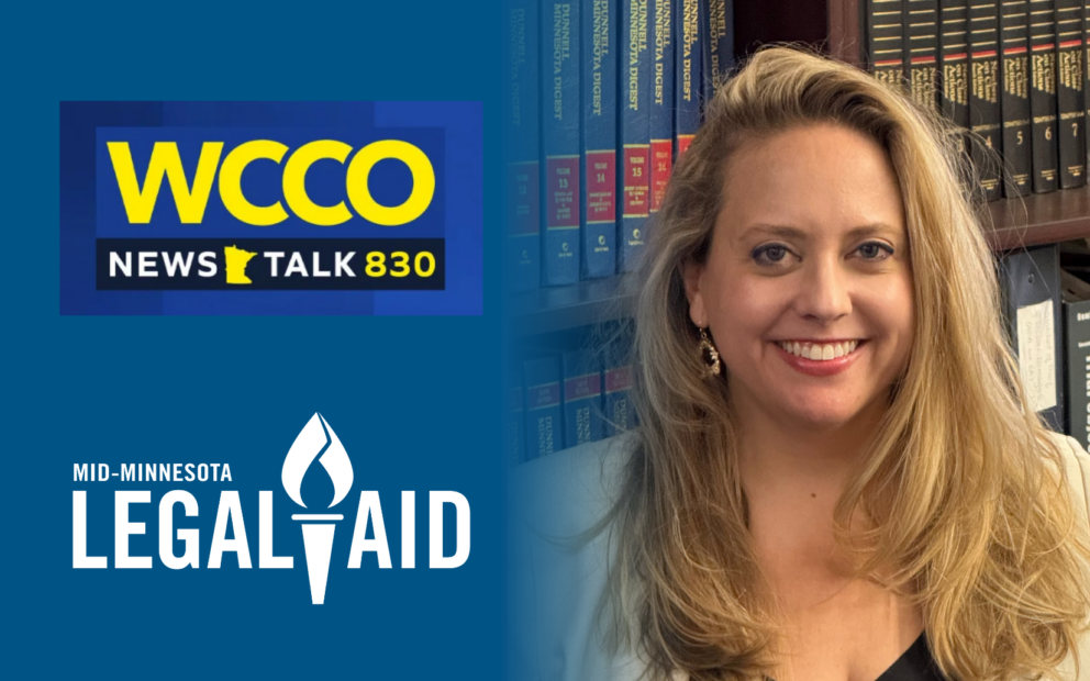 WCCO and Mid-Minnesota Legal Aid logo along with a photo of Jessica Heiser