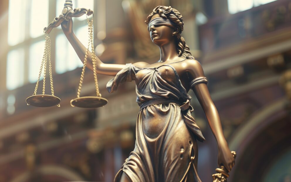 bronze statue of lady liberty, blindfolded and holding scales of justice