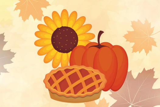 pumpkin, pie, and sunflower on a fall background